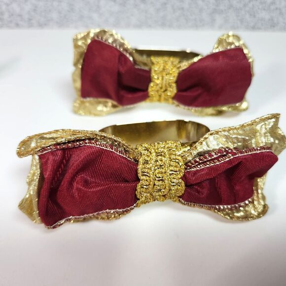 Vintage Brass & Fabric Bow Napkin Rings Deep Red Gold Taiwan - Picture 3 of 5